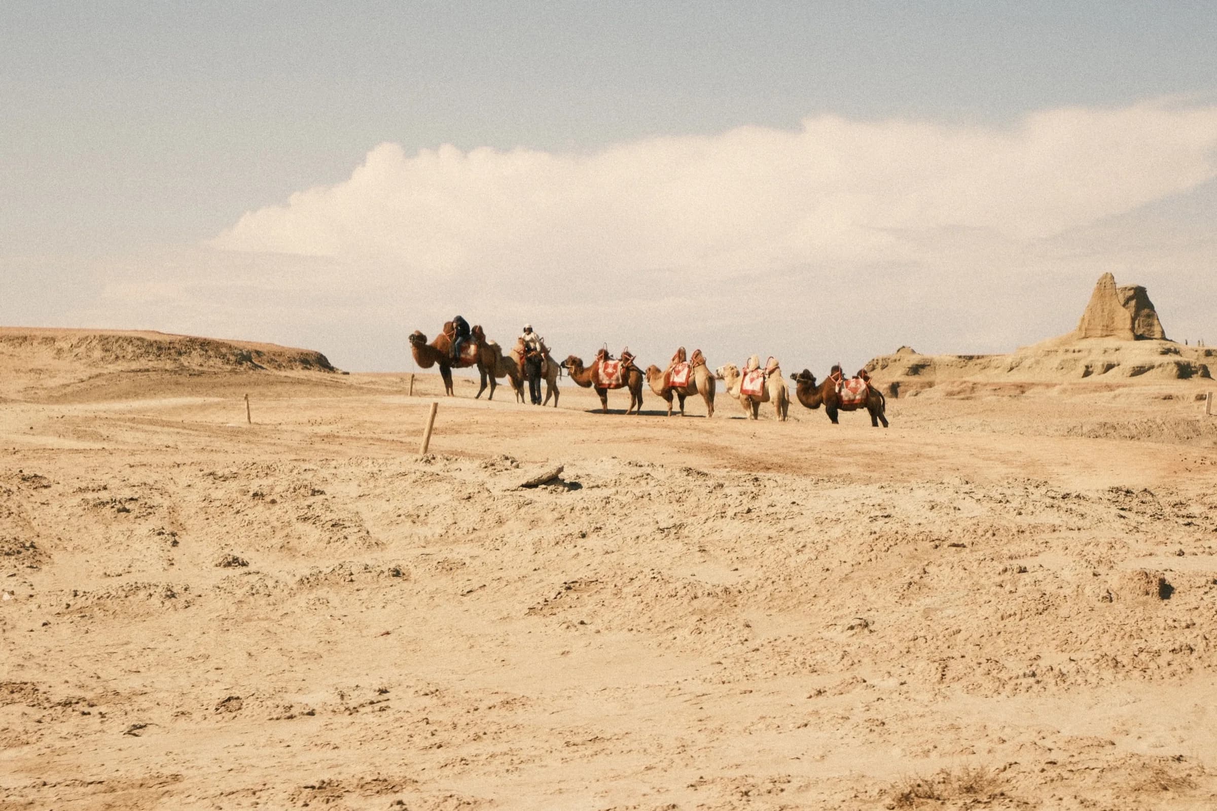 Camel caravan with riders crossing a sandy ridge