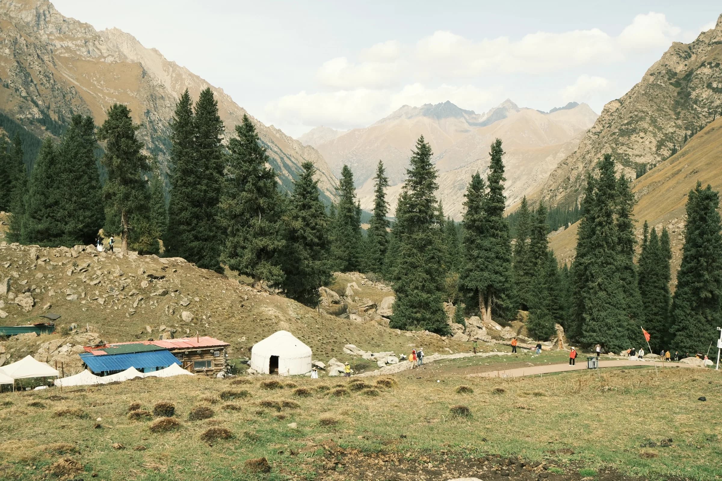 Yurts and tents pitched on a grassy plateau